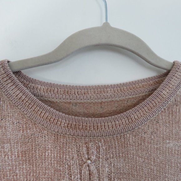 VINTAGE 90s Chenille Beige Tan Embroidered Cable Knit Crew Neck Tunic Sweater - Picture 7 of 15